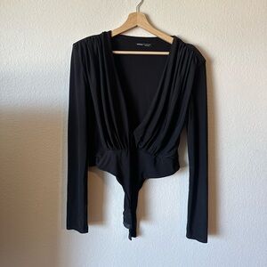 Black Body Suit Long Sleeve Deep V Plunging Neck